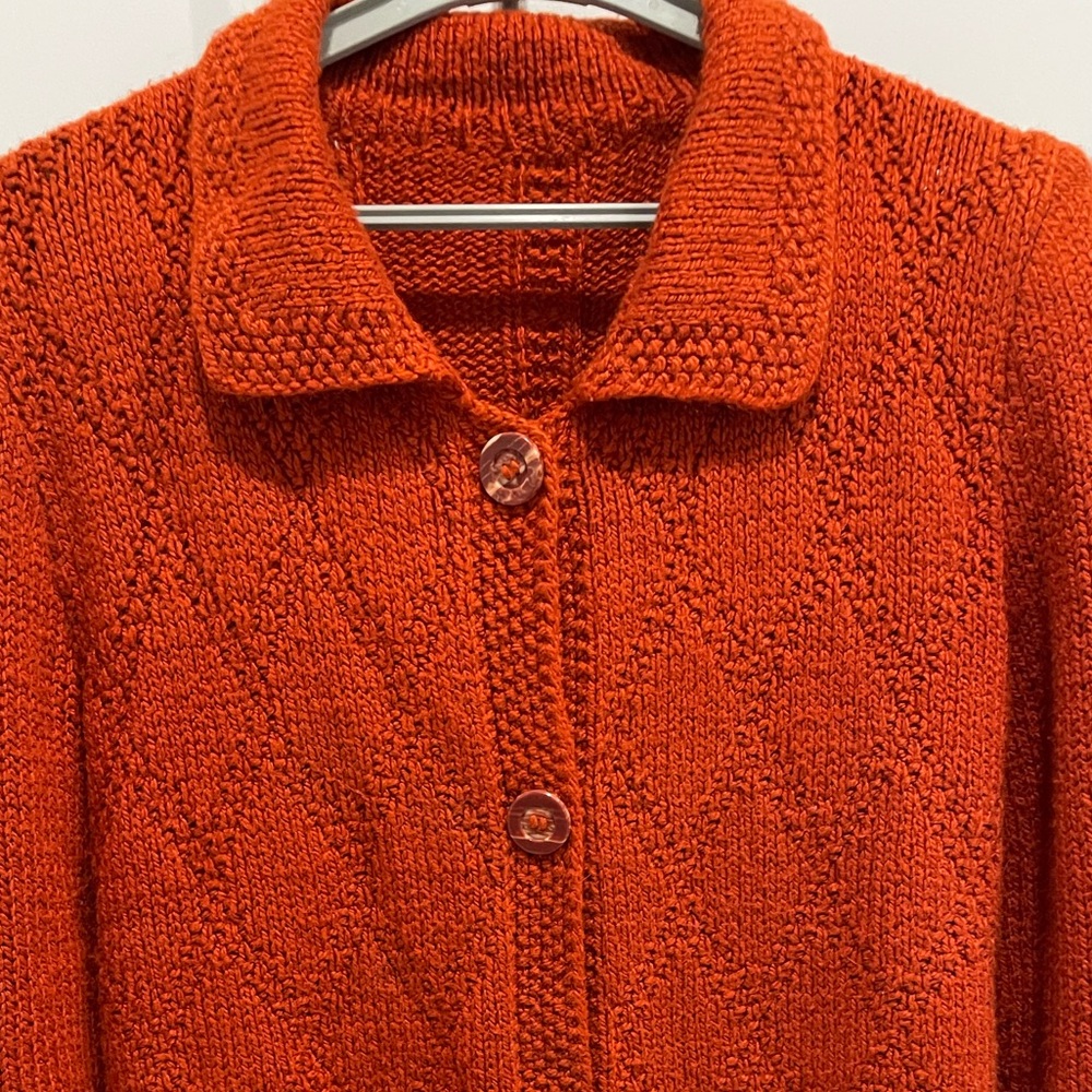 Vintage Hand Knit Orange Wool Sweater Cardigan M L